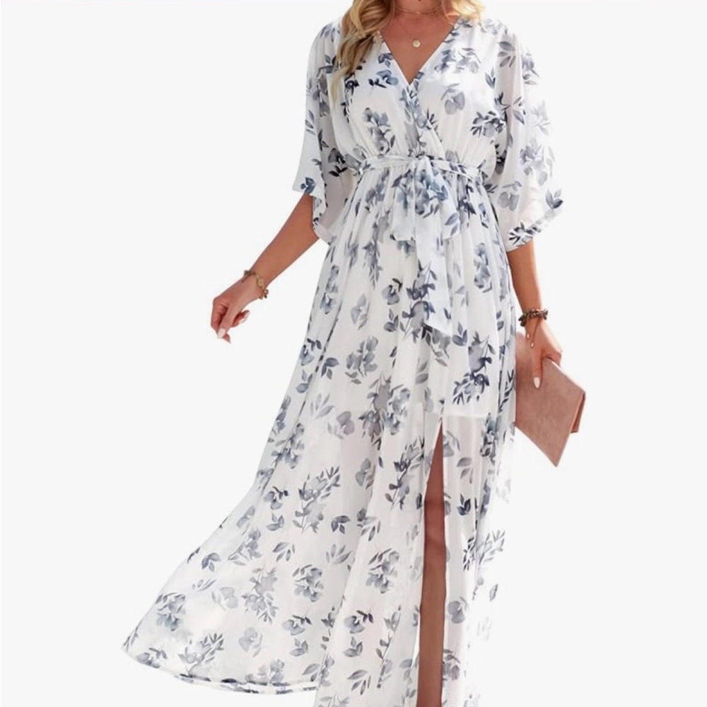 Chic White and Blue Floral Maxi Dress